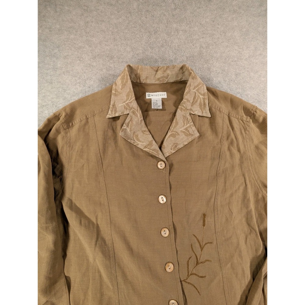 Wildroot Lagenlook Shirt Small Jacket Tan Embroidered Silk Linen Boho - Picture 4 of 10